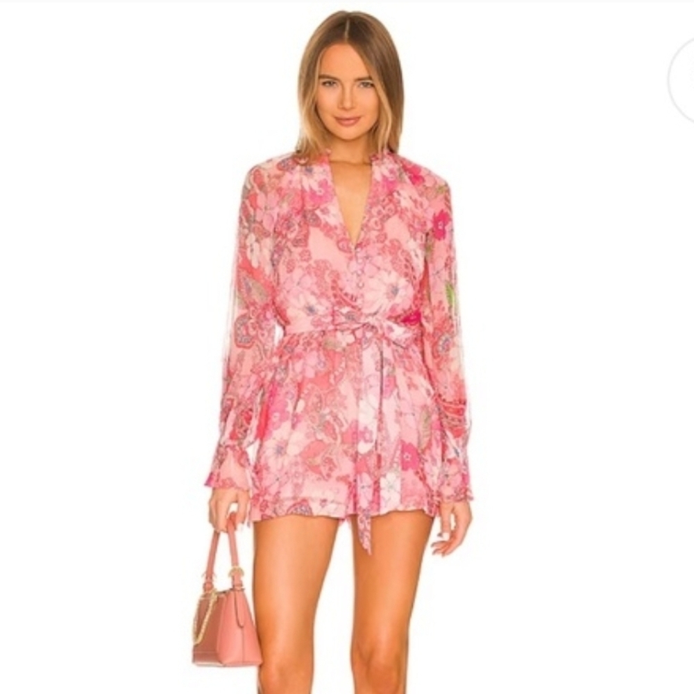 Hemant and Nandita x Revolve Sage Romper Pink Floral buttons Belted Bell Sleeves
